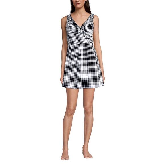 Land’s End surplice wrap black white gingham check one piece swim dress 10 - Picture 3 of 7